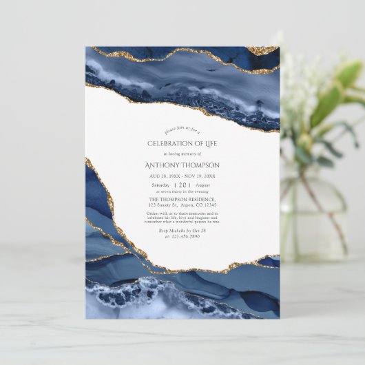 Marineblauwe en gouden agaat viering van het leven kaart (Staand voorkant)