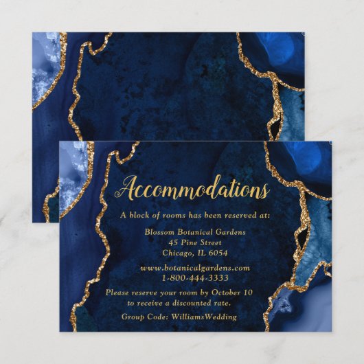 Marineblauwe en Gouden Agaten Trouwaccommodaties Informatiekaartje (Voorkant / Achterkant)