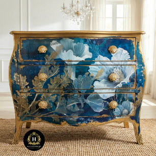 Marineblauwe en Gouden Bloem Zeewier Decoupage Tissuepapier