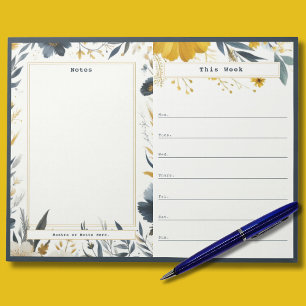 Marineblauwe en gouden bloemige weekkalender notit notitieblok