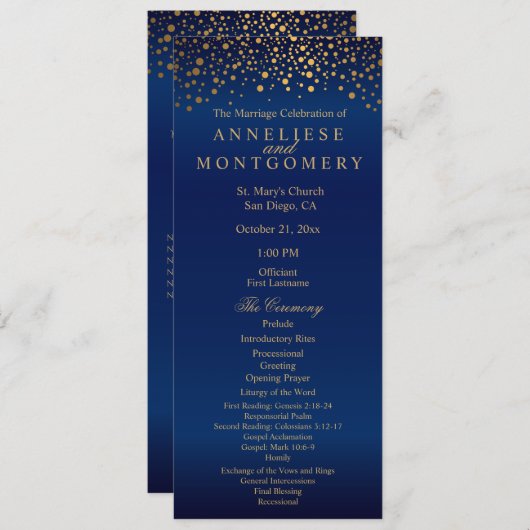 Marineblauwe en gouden confetti stippen - Programm Programmakaart (Voorkant / Achterkant)