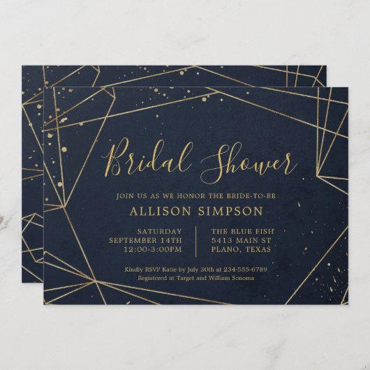 Marineblauwe en gouden geometrische elegante bruid kaart (Voorkant / Achterkant)