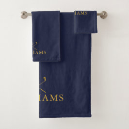Marineblauwe en gouden gepersonaliseerde naamgolfc bad handdoek