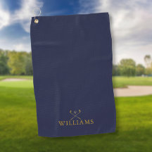 Marineblauwe en gouden golfclubs met eigen naam