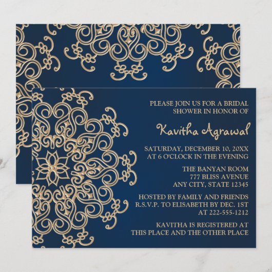 Marineblauwe en gouden Indiase stijl bruidsdouche Kaart (Voorkant / Achterkant)