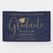 Marineblauwe en gouden script afstudeerfeest spandoek (Horizontaal)