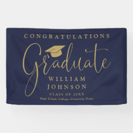 Marineblauwe en gouden script afstudeerfeest spandoek