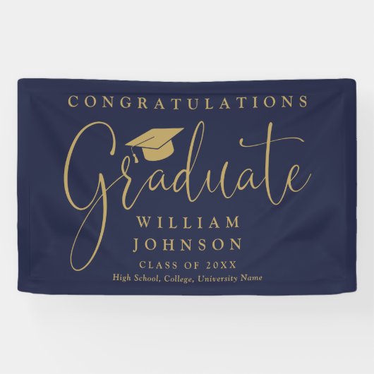 Marineblauwe en gouden script afstudeerfeest spandoek (Horizontaal)