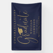 Marineblauwe en gouden script afstudeerfeest spandoek (Verticaal)