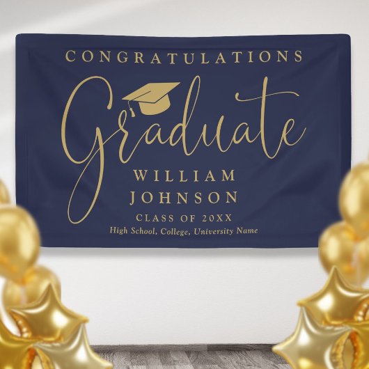 Marineblauwe en gouden script afstudeerfeest spandoek