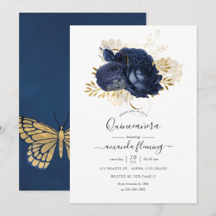 Marineblauwe en gouden vintage roos Quinceañera Kaart