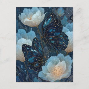 Marineblauwe en Gouden Vlinder met Witte Bloem Briefkaart