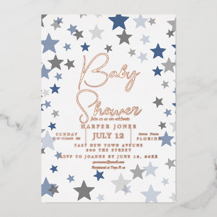 marineblauwe en koperen ster Baby Shower Uitnodigi Folie Uitnodiging