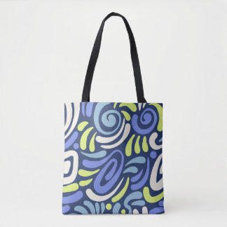 Marineblauwe en limoengroene koele toon spiraalpat tote bag
