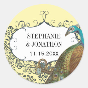 Marineblauwe en Mosterdkleurige Pauw Liefdesvogel Ronde Sticker