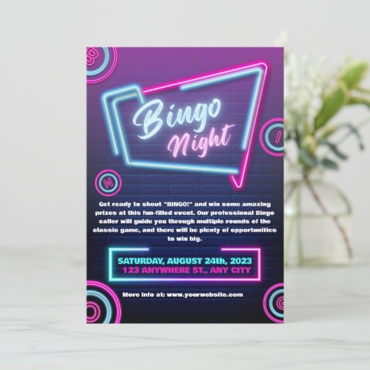 Marineblauwe en neon moderne bingo-avond uitnodigi kaart (Staand voorkant)