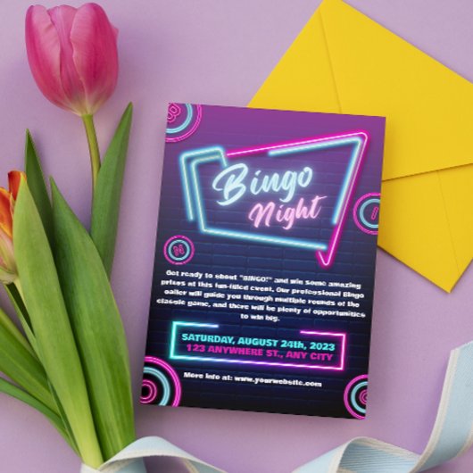 Marineblauwe en neon moderne bingo-avond uitnodigi kaart