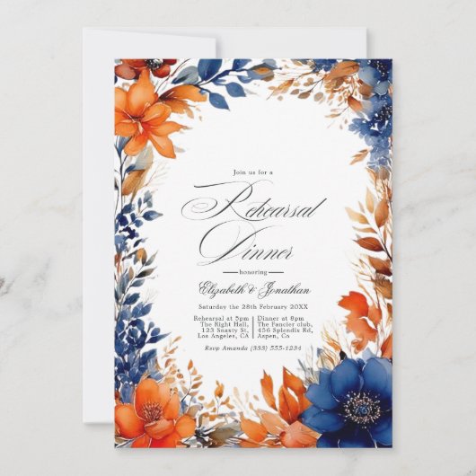 Marineblauwe en or waterverf bloemendiner ter voor kaart (Voorkant)