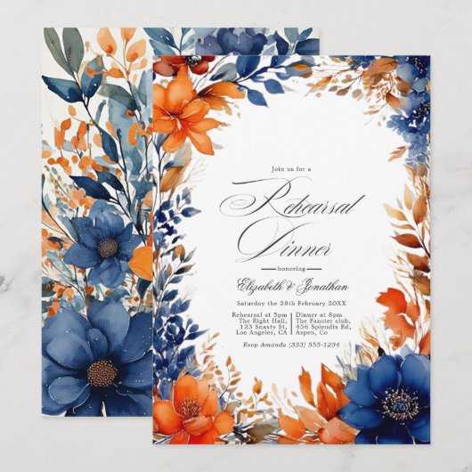 Marineblauwe en or waterverf bloemendiner ter voor kaart (Voorkant / Achterkant)