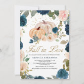 Marineblauwe en perzik bloemige pompoen bruidsdouc kaart (Voorkant)