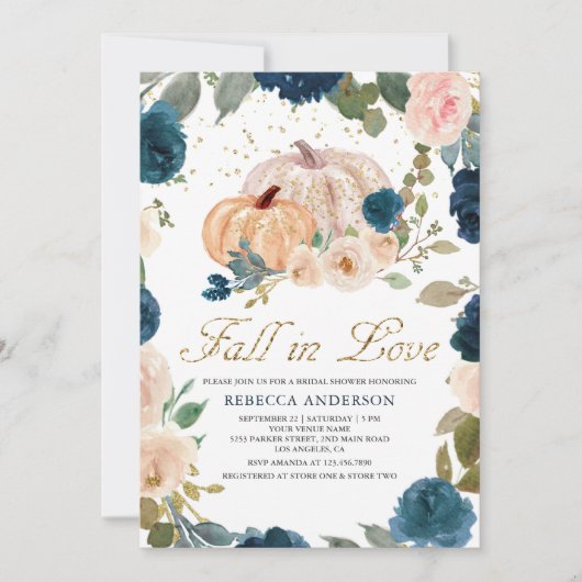 Marineblauwe en perzik bloemige pompoen bruidsdouc kaart (Voorkant)