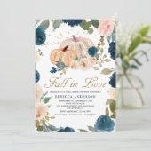 Marineblauwe en perzik bloemige pompoen bruidsdouc kaart (Staand voorkant)