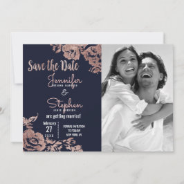 Marineblauwe en roze gouden bloemachtige save-the- save the date