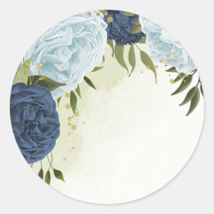 marineblauwe en stoffig blauwe bloemen groen trouw ronde sticker