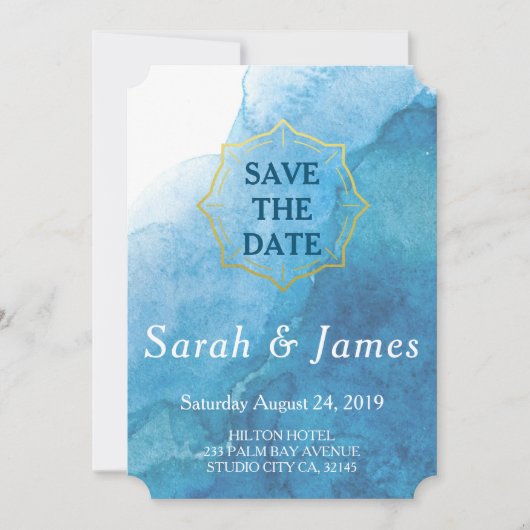 Marineblauwe en witte aquarel strand bruiloft save the date (Voorkant)