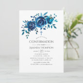 Marineblauwe en witte bloemconfirming kaart (Staand voorkant)