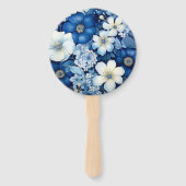 Marineblauwe en Witte Bloemige Bruiloft Handwaaier (Achterkant)