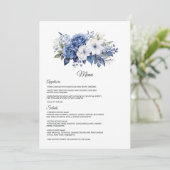 Marineblauwe en Witte Bloemige Bruiloft Menu (Staand voorkant)