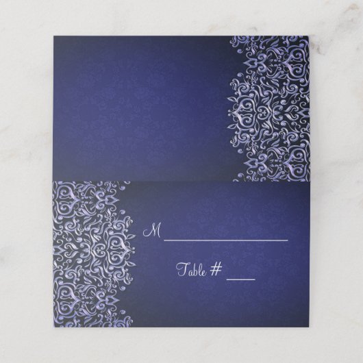 Marineblauwe en witte damast winterhuwelijk plaatskaartje (Buitenkant ongevouwen)