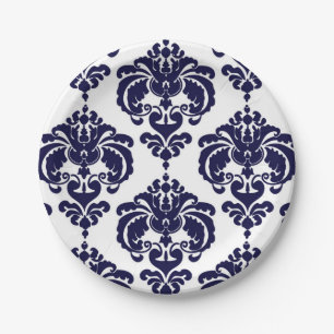 Marineblauwe en witte damasten vintage trouwfeest papieren bordje