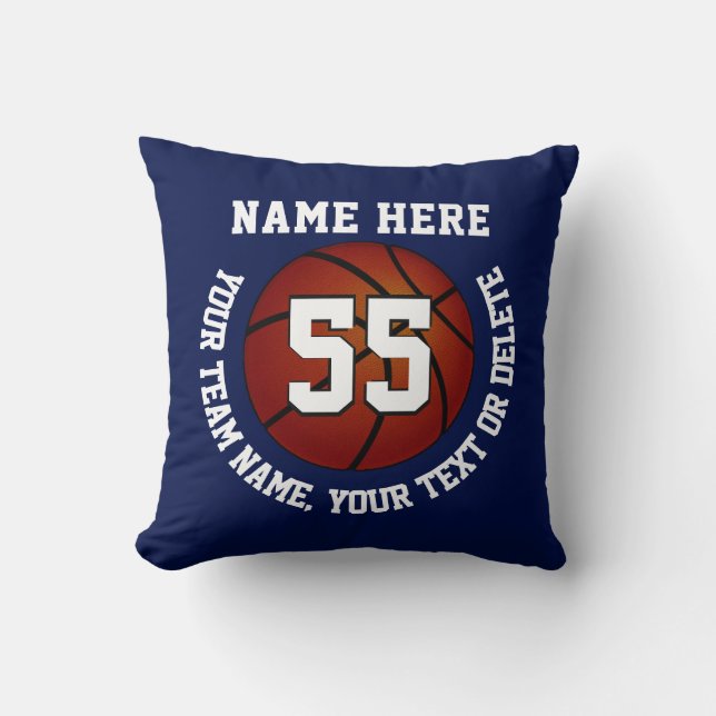 Marineblauwe en witte gepersonaliseerde basketbal  kussen (Voorkant)