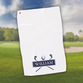 Marineblauwe en witte golfclubs met gepersonalisee golfhanddoek
