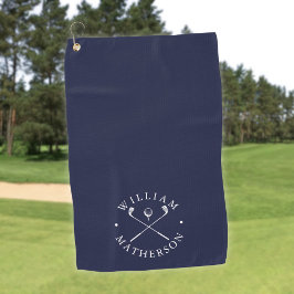 Marineblauwe en witte golfclubs met gepersonalisee golfhanddoek