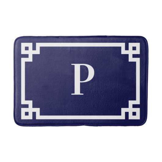 Marineblauwe en witte Griekse Sleutel Frame Monogr Badmat (Voorkant)