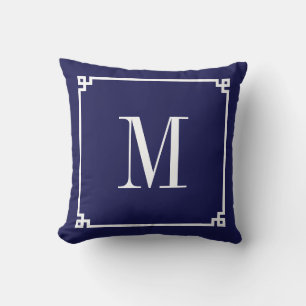 Marineblauwe en witte Griekse sleutelrand monogram Kussen
