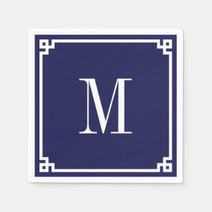 Marineblauwe en witte Griekse sleutelrand monogram Servet