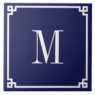 Marineblauwe en witte Griekse Sleutelrand Monogram Tegeltje