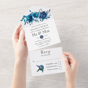 Marineblauwe en witte waterverf bloemen bruiloft all in one uitnodiging