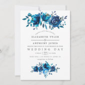 Marineblauwe en witte waterverf bloemen bruiloft kaart (Voorkant)