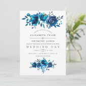 Marineblauwe en witte waterverf bloemen bruiloft kaart (Staand voorkant)
