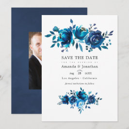 Marineblauwe en witte waterverf bloemen trouwfoto save the date