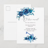 Marineblauwe en witte waterverf bloemige nieuwe ad aankondigingskaart (Voorkant / Achterkant)