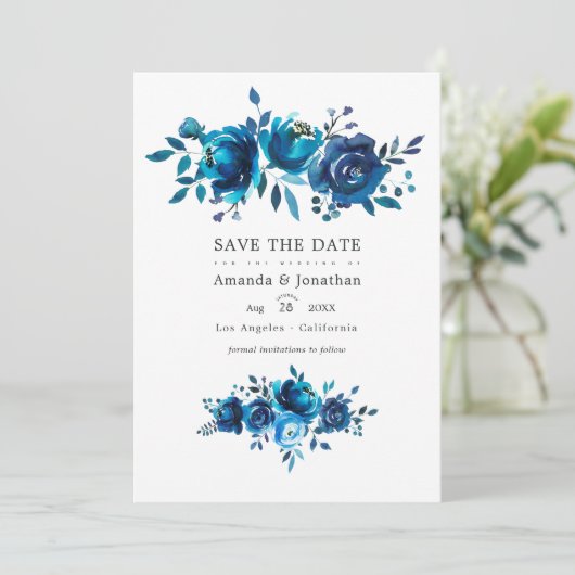 Marineblauwe en witte waterverf bruiloftsfoto save the date (Staand voorkant)
