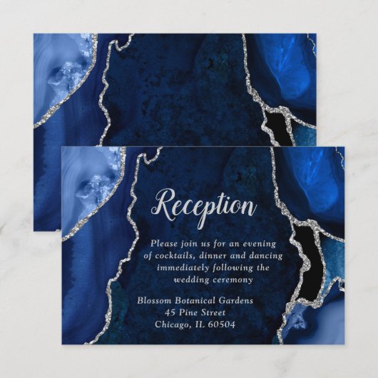 Marineblauwe en zilveren agaat huwelijksreceptie informatiekaartje (Voorkant / Achterkant)