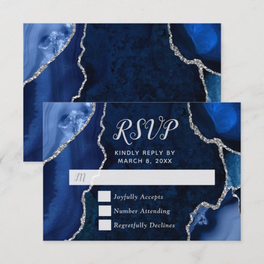 Marineblauwe en Zilveren Agaat Marmeren RSVP Kaartje (Voorkant / Achterkant)