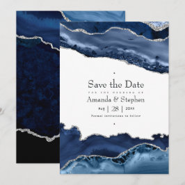Marineblauwe en zilveren agaten trouwkaart save the date